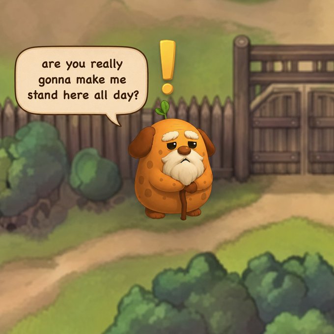 A cartoon illustration of a sad, elderly orange character with a cane standing in a garden, saying 'are you really gonna make me stand here all day?'