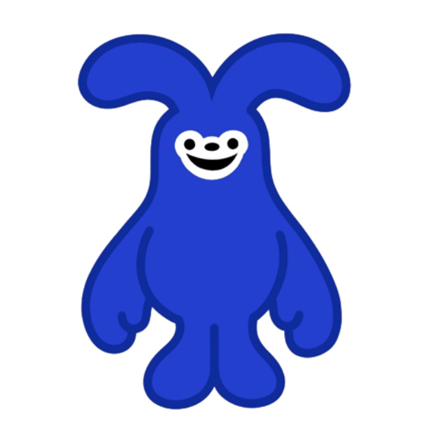 A simple cartoon illustration of a blue, blob-like character with two ear-like protrusions on top and a wide, smiling mouth, known as the Popmart 'Skullpanda' or similar mascot logo.