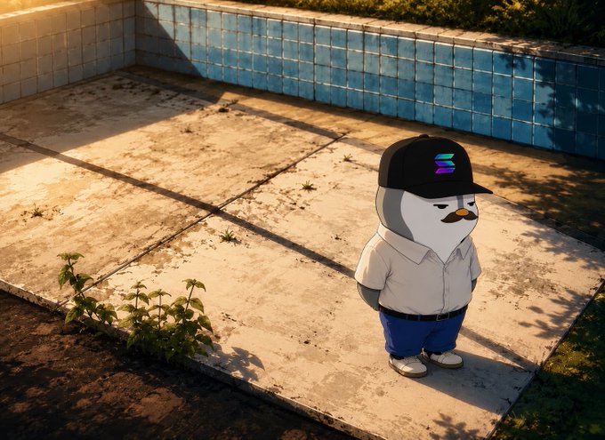 A 3D rendered image of an anthropomorphic penguin wearing a black cap with a logo, a button-up shirt, and blue jeans, standing on a concrete patio near some small plants.