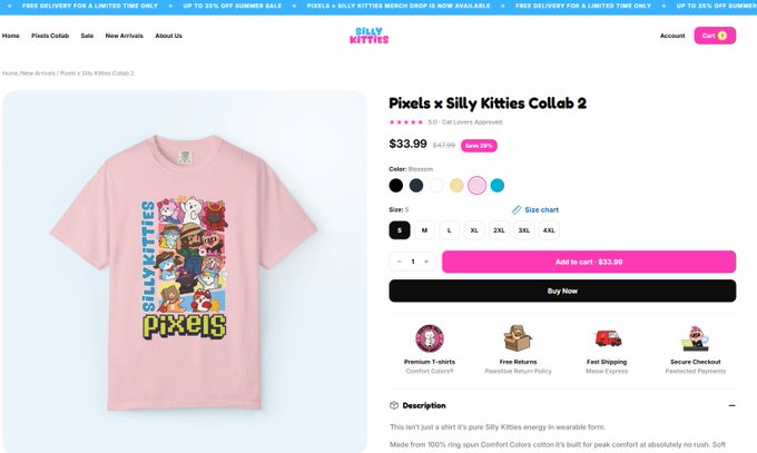 A product page for the "Pixels x Silly Kitties Collab 2" pink t-shirt priced at $33.99 (originally $47.99, 30% off) features a character grid design and is available in sizes XS through 4XL, tying directly to the @sillykittiesco merch collaboration mentioned in the post.