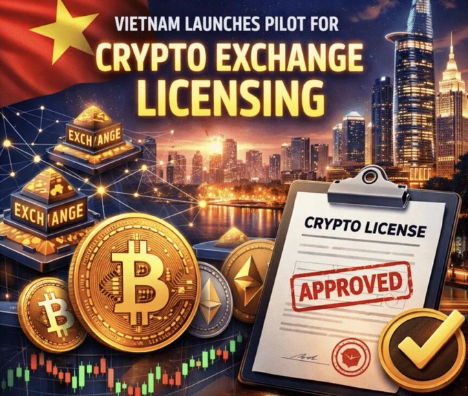 A news-style graphic with the Vietnamese flag announcing 'VIETNAM LAUNCHES PILOT FOR CRYPTO EXCHANGE LICENSING' alongside a 'CRYPTO LICENSE APPROVED' document.