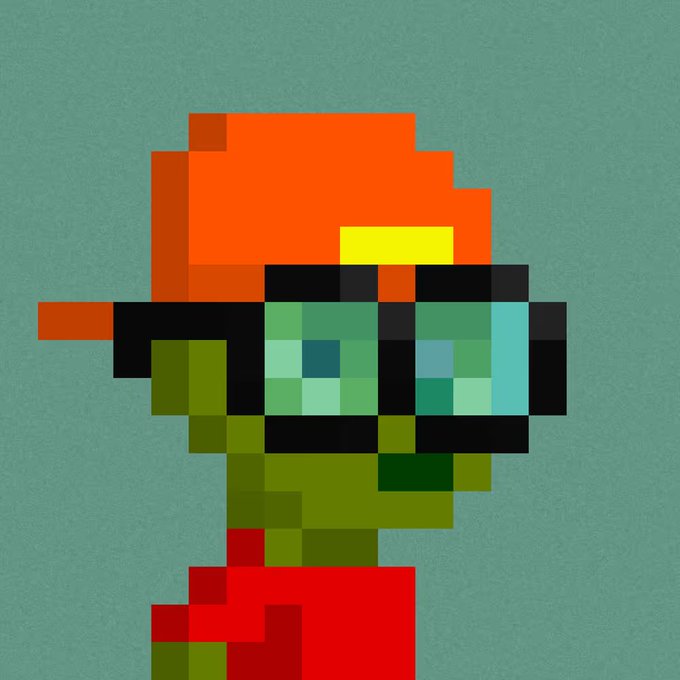 A pixel art illustration of a character wearing an orange backward cap, green sunglasses, and red shorts against a teal background.