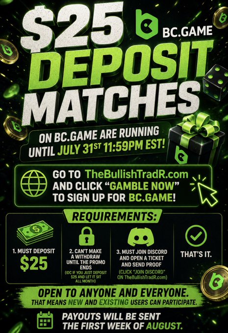 Promotional graphic for BC.GAME advertising a $25 deposit match bonus running until July 31st at 11:59PM EST, directing users to sign up via TheBullishTradR.com with requirements including a $25 minimum deposit, no withdrawals before the promo ends, and joining Discord to submit a ticket. The image visually reinforces the post's message with bold green text, a gift box graphic, and clear instructions for both new and existing users.