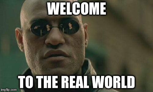 A Morpheus-style meme shows a bald man in sunglasses with bold white text reading “WELCOME” and “TO THE REAL WORLD,” plus an imgflip.com watermark.