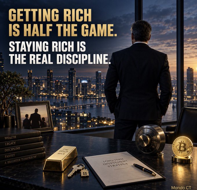 A man in a suit gazes out over a glittering city skyline, with a gold bar, Bitcoin coin, "Long-Term Investment Strategy" document, and books labeled "Wealth," "Legacy," "Discipline," "Family," and "A Brighter Tomorrow" arranged on his desk—visually reinforcing the message that lasting wealth requires discipline, strategy, and the right mindset, not just making money.