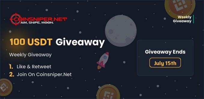 A promotional graphic for Coinsniper.net's weekly giveaway of 100 USDT, featuring a space-themed design with a rocket and moon illustration, instructing users to like, retweet, and join on Coinsniper.net before the July 15th deadline.