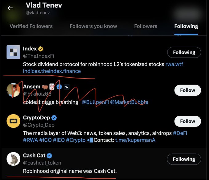 A screenshot of Vlad Tenev's (@vladtenev) Twitter "Following" list showing he's following Index (@TheIndexFi), described as a "Stock dividend protocol for robinhood L2's tokenized stocks" at rwa.wtf, along with Ansem, CryptoDep, and Cash Cat (@cashcat_token). The image supports the post by visually confirming that Vlad Tenev only follows a small number of accounts, highlighting $INDEX as one of the notable utility projects he follows on the Robinhood chain.