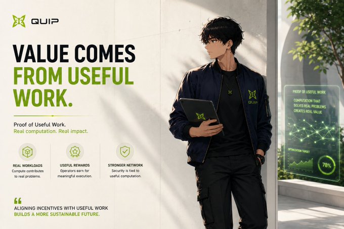 A promotional graphic for "QUIP" featuring an anime-style illustration of a dark-haired man in a navy jacket holding a tablet, alongside text stating "VALUE COMES FROM USEFUL WORK." and "Proof of Useful Work. Real computation. Real impact."