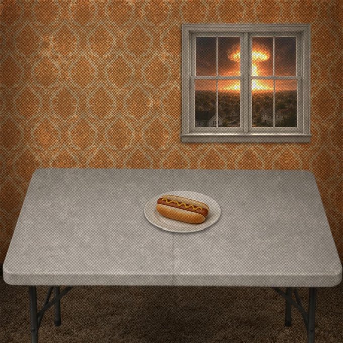 A lone hot dog sits on a paper plate atop a folding table, while through a window behind it, an ominous fiery scene glows against a darkening sky—all set against faded orange damask wallpaper, evoking a surreal, unsettling stillness. The artwork's juxtaposition of mundane domesticity with apocalyptic destruction perfectly captures the "sign of the times" absurdity referenced in the post.