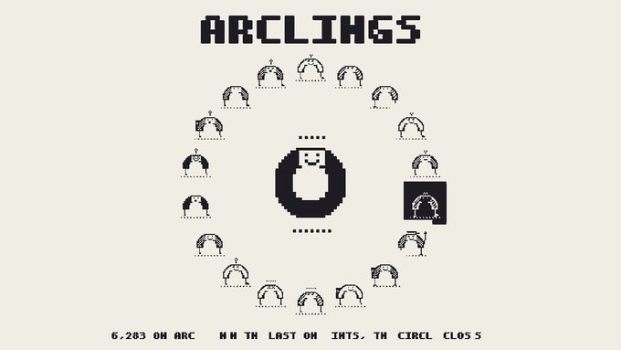 A pixel art website design for 'ARCLINGS' featuring a circular arrangement of hooded character icons around a central larger character, with text reading '6,283 ON ARC' and 'WAIT IN LINE ON ARCLINGS.TH CIRCLE CLOS S.'