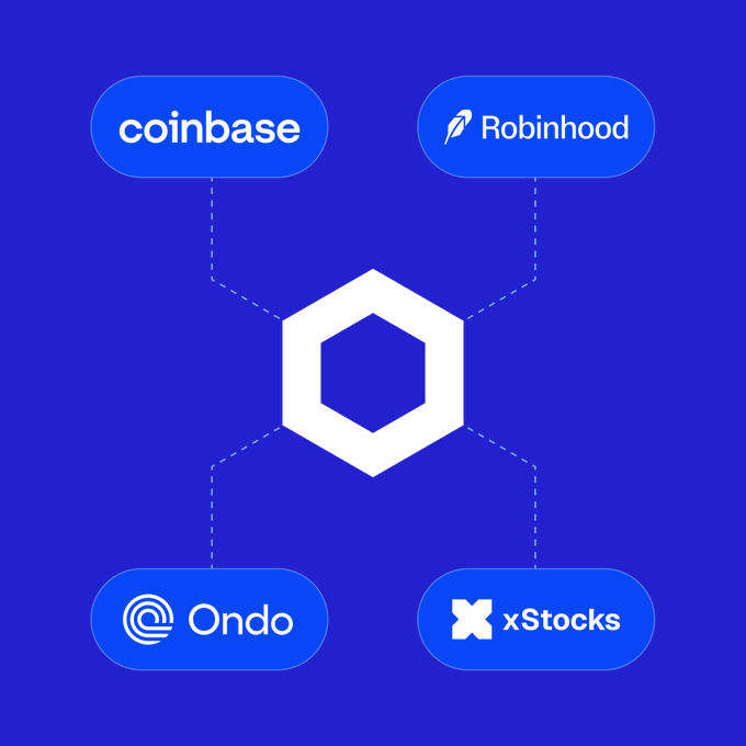The image displays a hexagonal logo (Chainlink's symbol) at the center, connected by dashed lines to four blue buttons featuring Coinbase, Robinhood, Ondo, and xStocks—illustrating how $LINK serves as the connective infrastructure linking major crypto and financial platforms. This visual metaphor reinforces the post's claim that Chainlink is the underlying protocol that everyone integrates with, positioning it for potentially massive valuation.