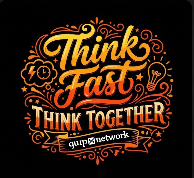 Decorative typography on a black background reading 'Think Fast, Think Together' by qurp network, with ornamental lightbulb and clock icons.