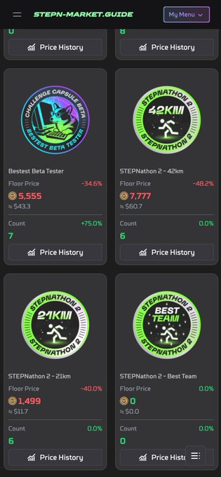 A screenshot from STEPN MARKET GUIDE showing NFT floor prices: Bestest Beta Tester (5.555 SOL, -34.6%), STEPNathon 2 42km (7.777 SOL, -48.2%), STEPNathon 2 21km (1.499 SOL, -40%), and STEPNathon 2 Best Team.