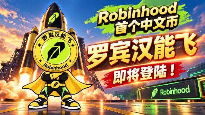 A promotional graphic in Chinese announcing 'Robinhood 首个中文币 罗宾汉能飞 即将登陆' featuring a superhero rocket character and the Robinhood logo.