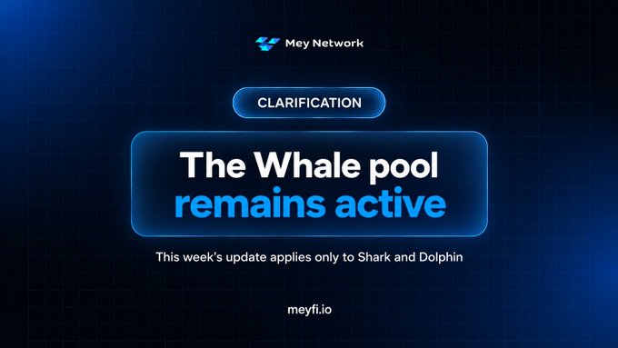 A promotional graphic for Mey Network with the text "CLARIFICATION: The Whale pool remains active. This week's update applies only to Shark and Dolphin" and the URL "meyfi.io".