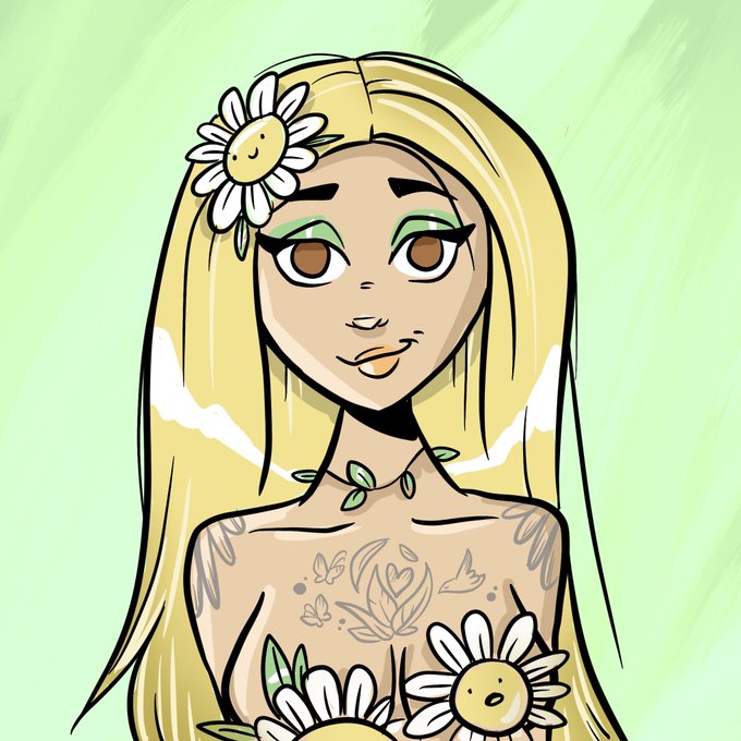 This image is a digital artwork titled "Green Rose" available on OpenSea for sale, boasting a chance to snag it by 0.01 ETH plus 10% service fee; it exemplifies a pop-up NFT collection, part of the recent trend in non-fungible tokens (NFTs) as indicated by the post announcing the MetaVixensNFT season. The artwork and the post together highlight the growing digital collectibles market, where artists are using blockchain technology to sell unique pieces like this vibrant depiction of a bard with floral tattoos and daisy accessories.