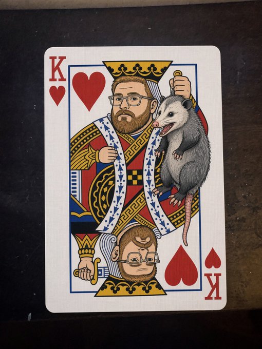 A King of Hearts playing card illustration shows a bearded, glasses-wearing king holding an opossum, with a smaller crowned figure below and the text 'Role not found' visible.