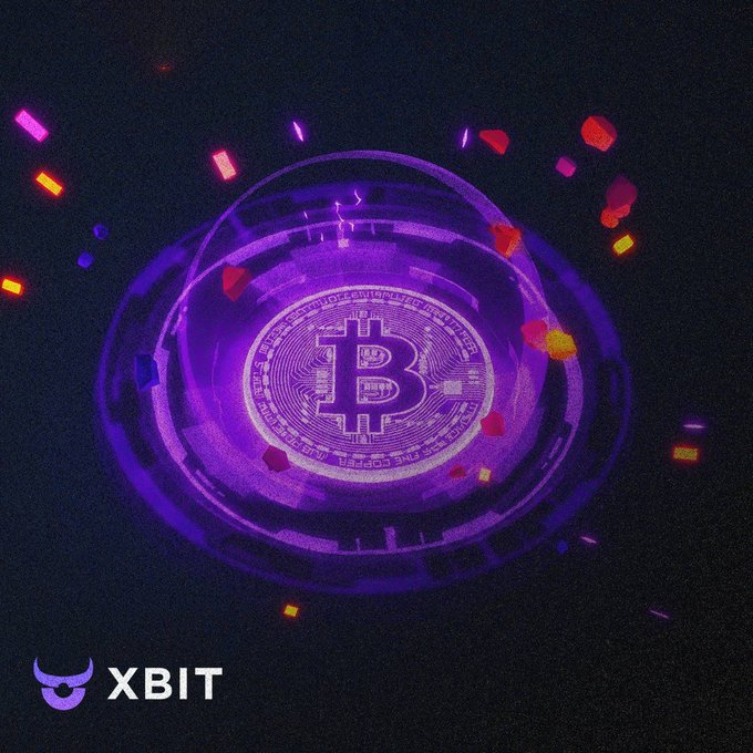 A 3D rendering of a Bitcoin coin glowing purple inside a futuristic vault or display case, featuring the "XBIT" logo in the bottom left corner.
