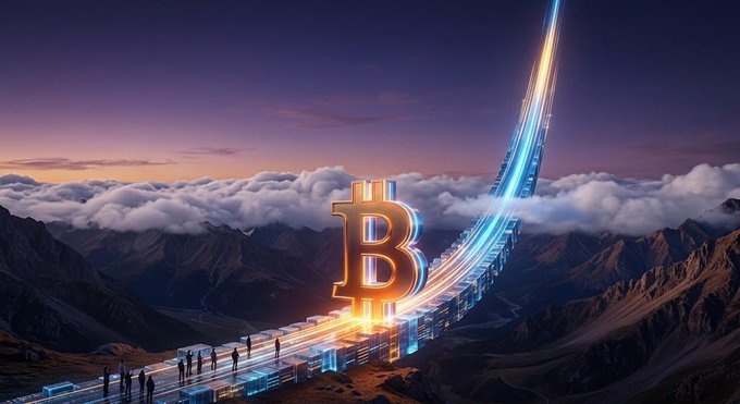 A digital artwork features a large golden Bitcoin symbol with glowing light trails ascending from it, set against a mountainous landscape above the clouds at twilight.