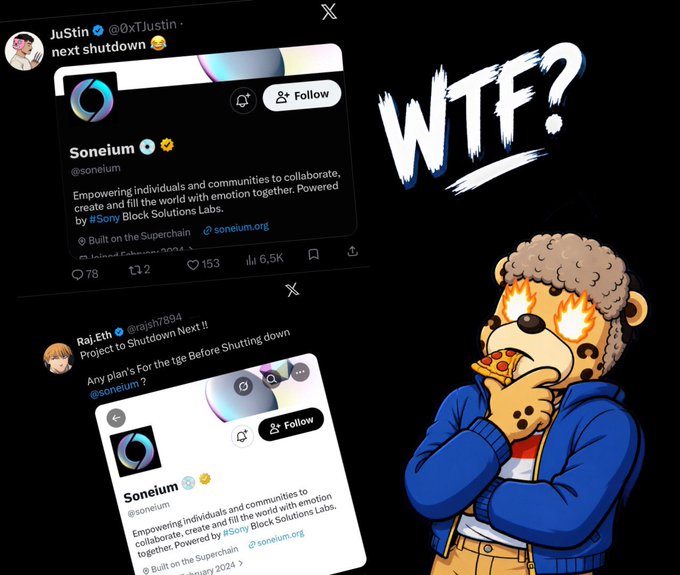 A meme featuring a confused cartoon cheetah reacting to two X (Twitter) posts from Justin (@0xJustin) and Raj.eth (@rajsh7894) discussing the shutdown of Soneium, powered by Sony Block Solutions Labs.