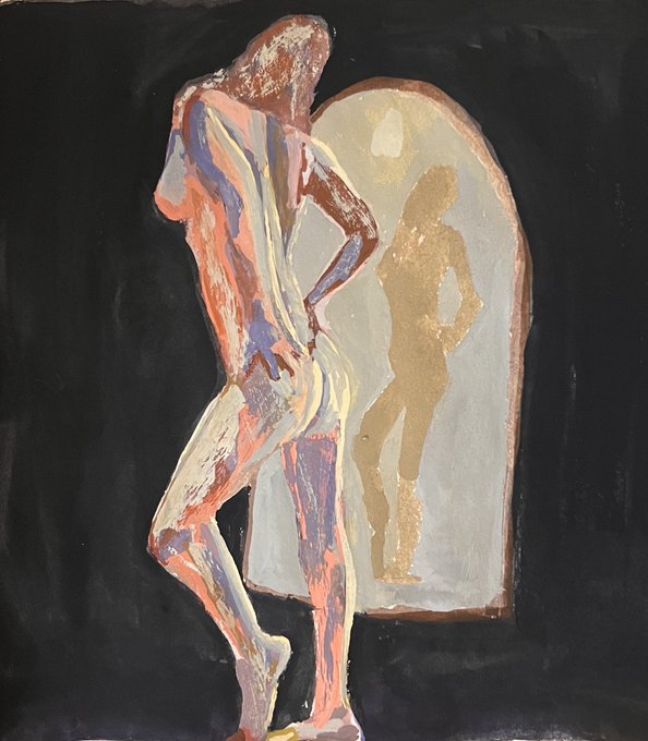 An expressionist painting of a figure in pink, blue, and beige tones looking at its golden reflection in an arched mirror against a black background.