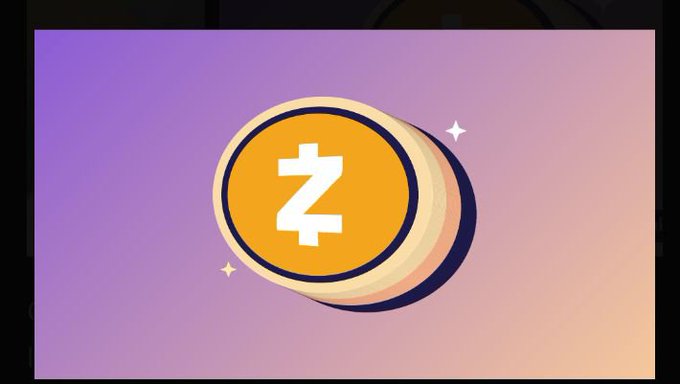 A 3D-rendered image of an orange cryptocurrency coin with a white 'Z' symbol in the center, displayed against a purple-to-pink gradient background with small sparkle effects.