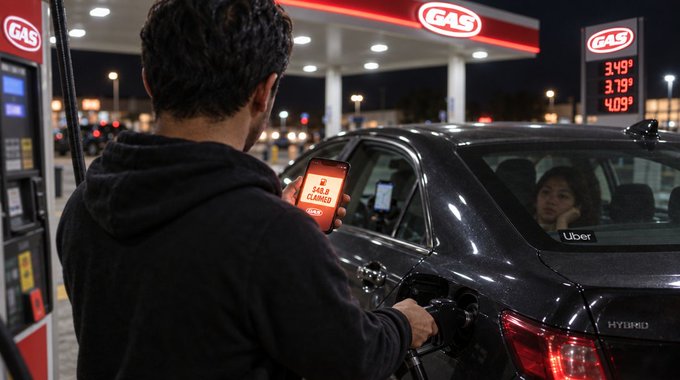 A man in a black hoodie stands at a gas station at night holding a fuel nozzle and a smartphone displaying "GAS CLAMED", while a woman sits in the passenger seat of a gray Toyota Hybrid sedan visible in the background.