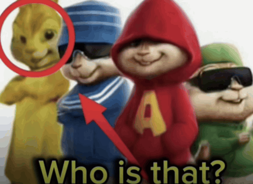 A meme image featuring the "Alvin and the Chipmunks" with one circled in red and an arrow pointing to the blue chipmunk, accompanied by the text "Who is that?" The meme uses the unfamiliar character analogy to humorously suggest that despite its obscure name, AnySwap is a powerful and underrecognized tool in crypto swapping compared to more well-known but expensive alternatives.