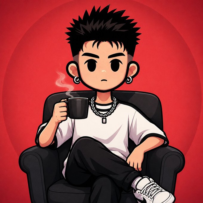 A cartoon illustration depicts a young man with spiky black hair, ear gauges, and a chain necklace sitting in an armchair and holding a steaming mug against a red background.