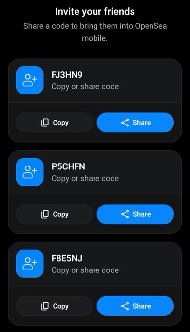 An OpenSea mobile invite screen showing referral codes FJ3HN9, P5CHFN, and F8E5NJ with Copy and Share buttons.