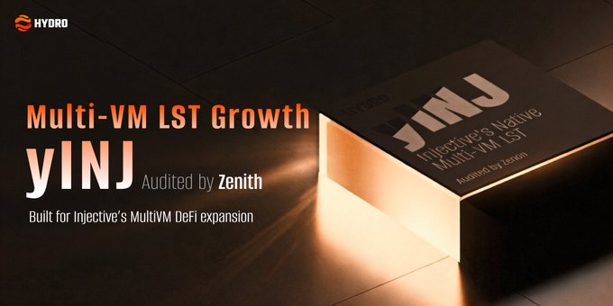 A sleek promotional graphic showcases a glowing metallic block displaying "yINJ - Injective's Native Multi-VM LST, Audited by Zenith," with overlay text reading "Multi-VM LST Growth yINJ Audited by Zenith - Built for Injective's MultiVM DeFi expansion," reinforcing the post's message about yINJ's growing adoption and its role in Injective's expanding MultiVM DeFi ecosystem.