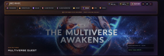 A screenshot of the Nifty Galaxy website homepage displaying 'THE MULTIVERSE AWAKENS' banner with a Multiverse Quest option.