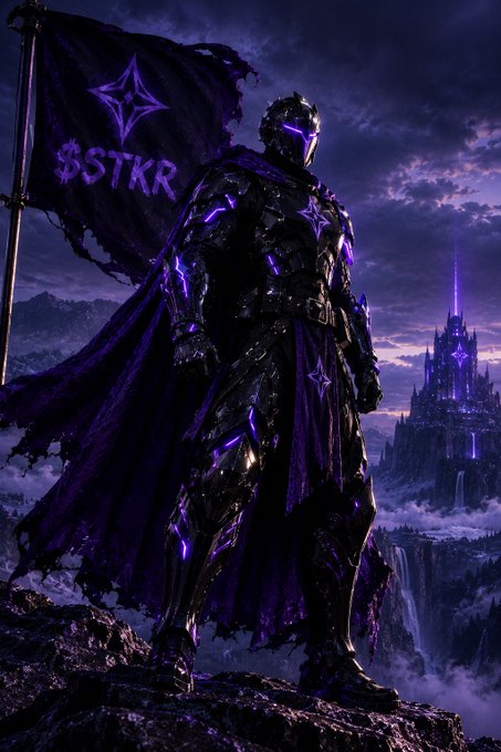 A fantasy illustration of a dark-armored knight holding a black flag with the text '$STKR' and a diamond symbol, set against a purple castle landscape.