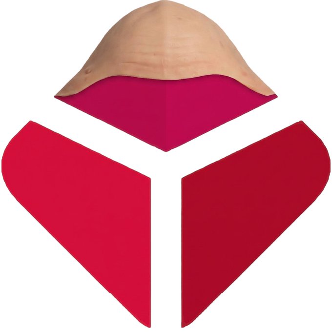 Abstract logo featuring a beige curved shape at the top and three red geometric shapes forming a downward triangular emblem below it.