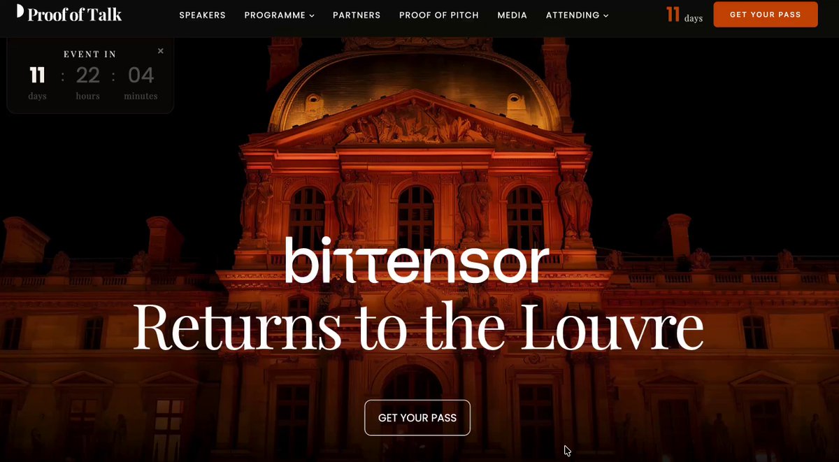 The image shows a website called "bittensor returns to the Louvre" that has been shared by PwC, a professional services firm. The post appears to be about a partnership between PwC and another company or organization. The text on the image reads "PwC just sent a partner to the Bittensor track. Not a crypto fund. Not a Web3 VC. PwC. One of the four largest professional services firms on the planet, with relationships inside every major institution in global finance. They are sending someone to sit in a".