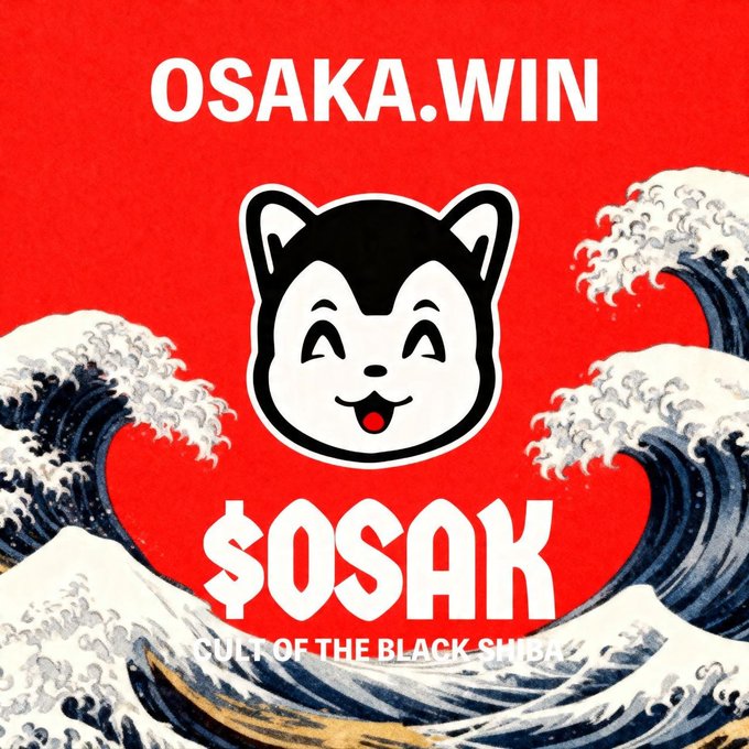 A meme-style graphic with a red background features a smiling black Shiba Inu mascot (Shibaku) framed by Hokusai's Great Wave, with the text 'OSAKA.WIN', '$OSAK', and 'CULT OF THE BLACK SHIBA'.