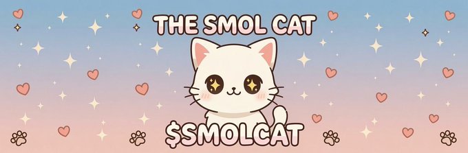 A cute cartoon cat with heart-shaped eyes appears on a pastel gradient background surrounded by hearts and sparkles, promoting "$SMOLCAT" — matching the announcement of the token's live launch on Pumpfun.
