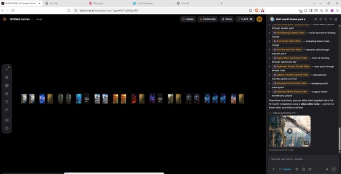 A computer desktop screenshot showing a web browser displaying a 'blocktales.wl.xyz' canvas page with a row of small video thumbnails. On the right side, a Discord chat window is open in the 'Bible-month theme park 1' channel, discussing various videos and an editor made with cursor.partial.