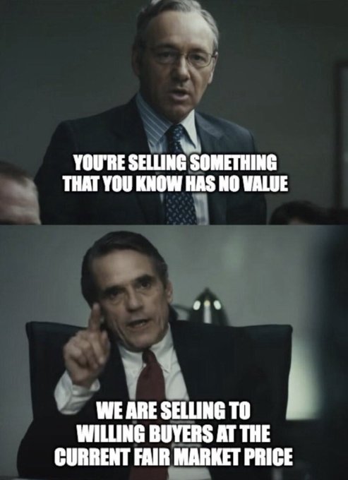 The image shows a scene from the film directors smiling in approval. The caption relates to negotiations over intangible assets like NFTs, highlighting the contrast between traditional market values and the rapid growth of digital asset deployment, as reflected in the humor of both images.