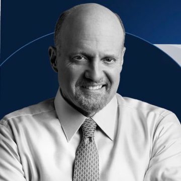 The image shows a smiling, bald man with a goatee wearing a light dress shirt and patterned tie, set against a blue background featuring CNBC's logo. The post caption connects to the image by featuring Jim Cramer, a well-known financial commentator, as he gives his bear market analysis.