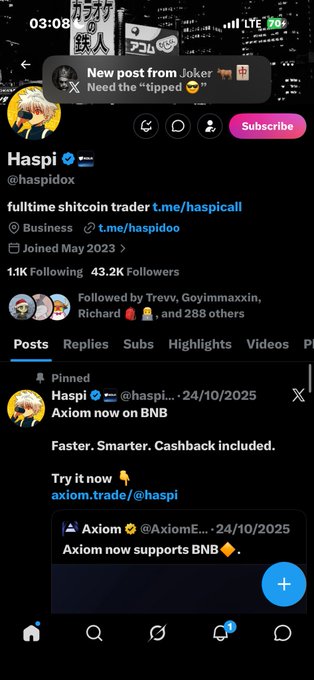 A screenshot of Haspi's X profile (@haspidox) showing their pinned post promoting "Axiom now on BNB" with 1.1K Following and 43.2K Followers, alongside a notification banner about a new post from "Joker" referencing a "tipped" token tip. The image accompanies a Solana contract address and a thank-you message to Haspi, suggesting the user is acknowledging or tagging the crypto trader likely related to a token tip mentioned in the notification.