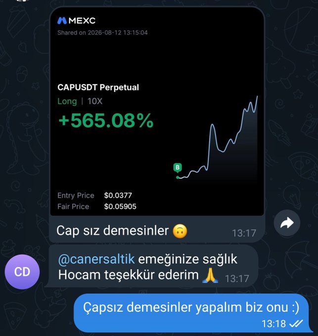 A screenshot of a messaging app showing a shared trading result on MEXC for CAPUSDT Perpetual with a +565.08% gain, accompanied by Turkish text messages.