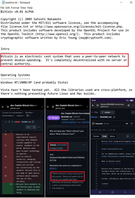 A screenshot displays the 'readme.txt' file for 'Bitcoin v0.01 ALPHA' (c) 2009 Satoshi Nakamoto, with highlighted text explaining Bitcoin as a decentralized electronic cash system, along with GitHub repository information.