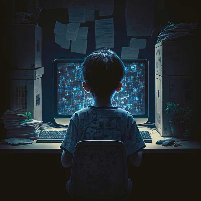 The image shows a young boy sitting at a desk with a computer monitor displaying a video game screen. The boy appears to be focused on playing the game, possibly waiting for his turn or strategizing next move. The scene takes place in a dark room, which could indicate that they are indoors during nighttime hours. The post seems to discuss the gaming community and how it operates at different times of day. It suggests that there might be less noise around @useTria recently, as many gamers seem to be taking a break or waiting for updates before getting active again.