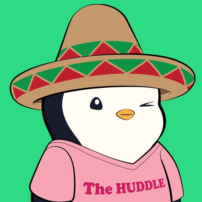 A cartoon penguin wearing a sombrero and a pink shirt with 'The HUDDLE' written on it, winking against a green background.