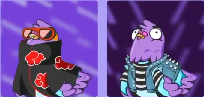 Two side-by-side cartoon images show a purple bird-like character: on the left wearing sunglasses and a black Akatsuki cloak with red cloud symbols, and on the right looking anxious in a studded denim vest. The meme's contrast between the two poses reflects the post's theme of disillusionment, capturing the frustration of dedicated community contributors who were exploited by NFT projects that ultimately profited at their expense.
