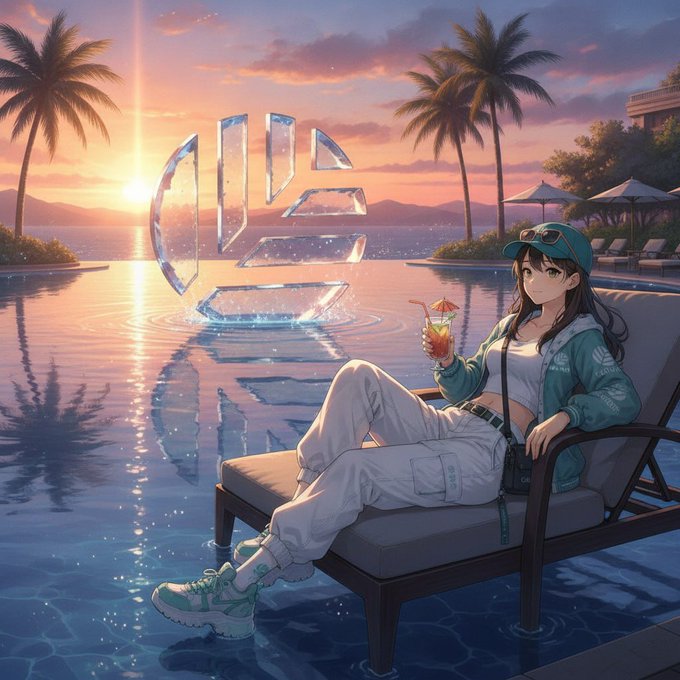 An anime-style illustration of a young woman in a green cap and jacket lounging on a pool chair with a drink, while a glowing crystalline 'Kimi' logo sits in the water of a sunset pool scene.