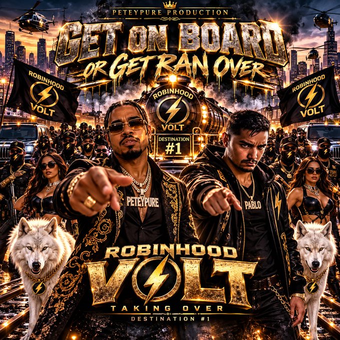 An elaborate promotional poster titled 'GET ON BOARD OR GET RAN OVER' features men in gold-accented clothing, flags reading 'ROBINHOOD VOLT', and white wolves, produced by 'PETEYPE PRODUCTION'.