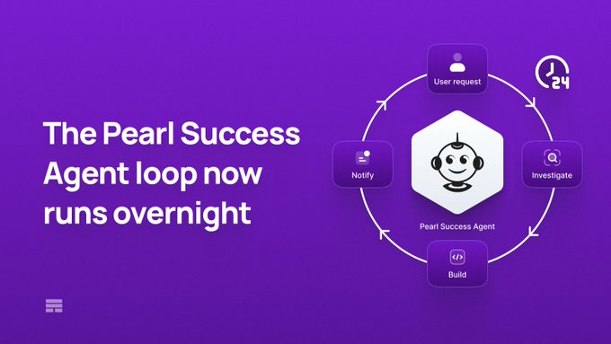 A purple graphic titled 'The Pearl Success Agent loop now runs overnight' showing a circular flow with steps: User request, Investigate, Build, Notify, and a 24-hour clock icon.