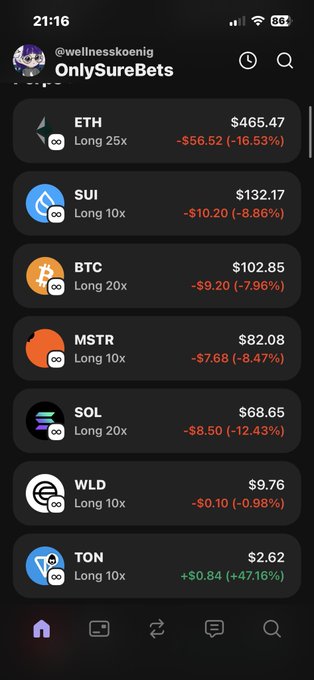 The image shows a phone screen displaying various cryptocurrency symbols, including Bitcoin, Ethereum, and others. The text on the screen reads "Crypto ist Betrug ich verlasse crypto Vlt denke ich Und nun denke". This suggests that the person using the phone might be interested in investing or trading cryptocurrencies like Bitcoin.